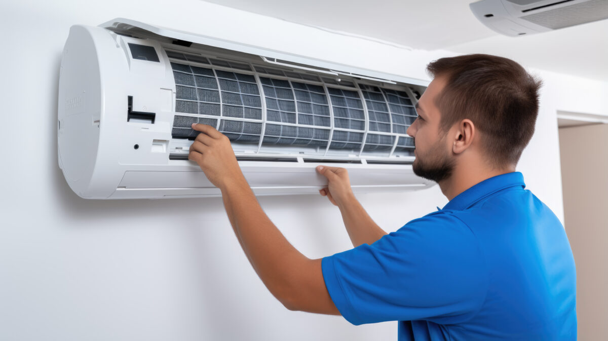 Male technician repairs an air conditioner indoors.