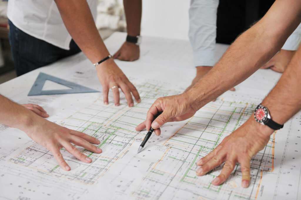 team-architects-people-group-construciton-site-check-documents-business-workflow