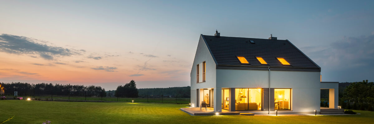 Panoramic,Photo,Of,Modern,House,With,Outdoor,And,Indoor,Lighting,
