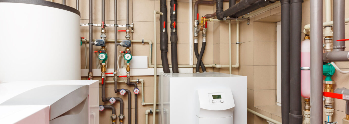 Household,Boiler,House,With,Heat,Pump,,Barrel;,Valves;,Sensors,And Household,Boiler,House,With,Heat,Pump,,Barrel;,Valves;,Sensors,And